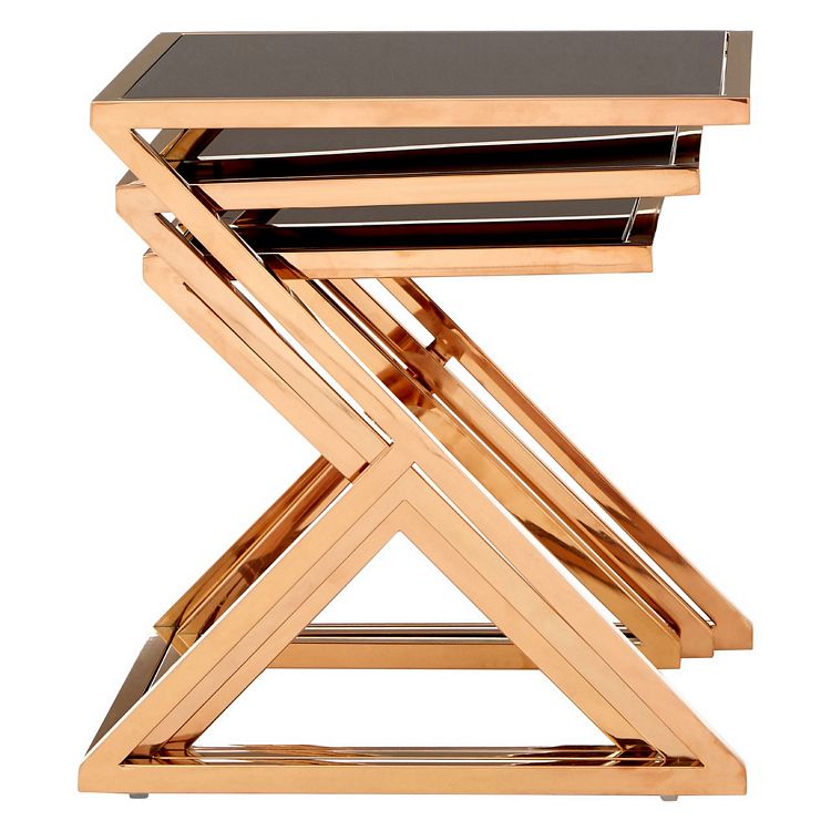 Ackley Set Of 3 Rose Gold Finish Metal and Black Glass Nesting Tables